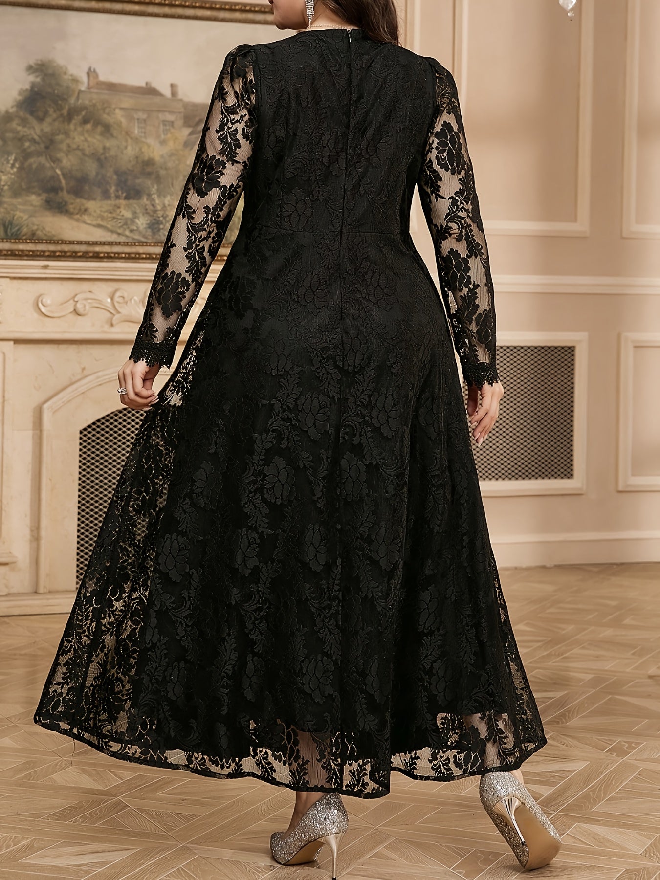 Plus Size - An Elegant Plus-Size Solid Color V-Neck Lace Long-Sleeve Dress, Featuring a Pleated Hem Design, Stylish And Graceful, Suitable for Banquets, Weddings, Parties, Celebrations, And Dates.