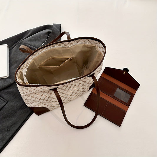 Set sac et portefeuille femmes grand format motif géométrique fermeture éclair blanc marron