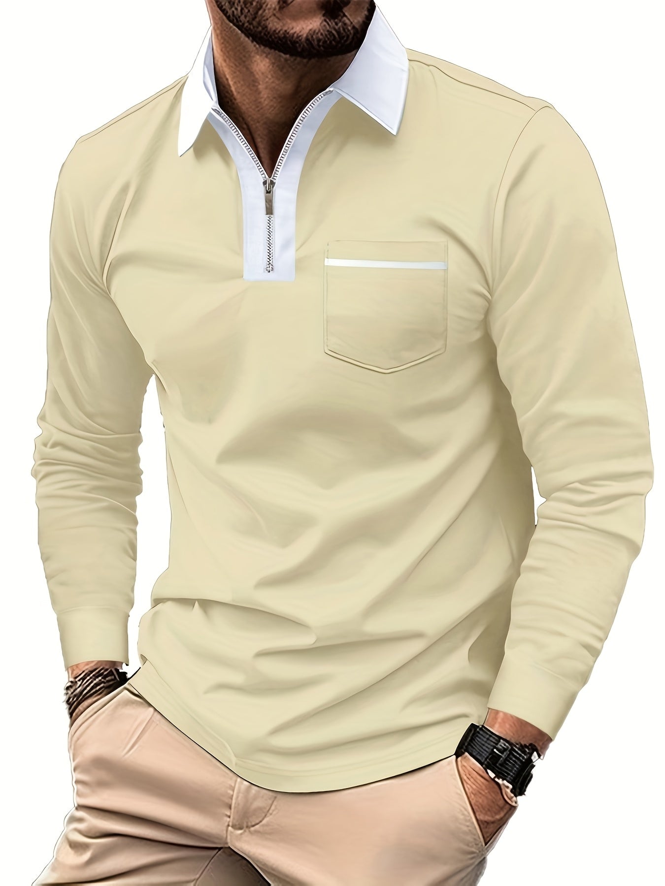 Men'S Light Blue Long Sleeve Polo Shirt with Zipper Collar & Chest Pocket - Casual Button-Up Shirt for Spring/Fall, Regular Fit, Solid Color, Spring Fall Apparel | Zipper Collar Shirt | Slight Stretch Fabric