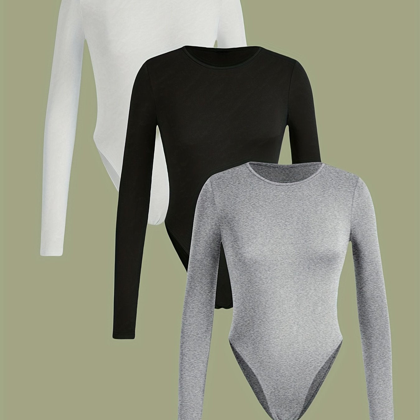 Lot de 3 bodys femme à manches longues, coupe slim, col rond, couleur unie (blanc, noir, gris), confortables et élégants, style décontracté pour toutes saisons