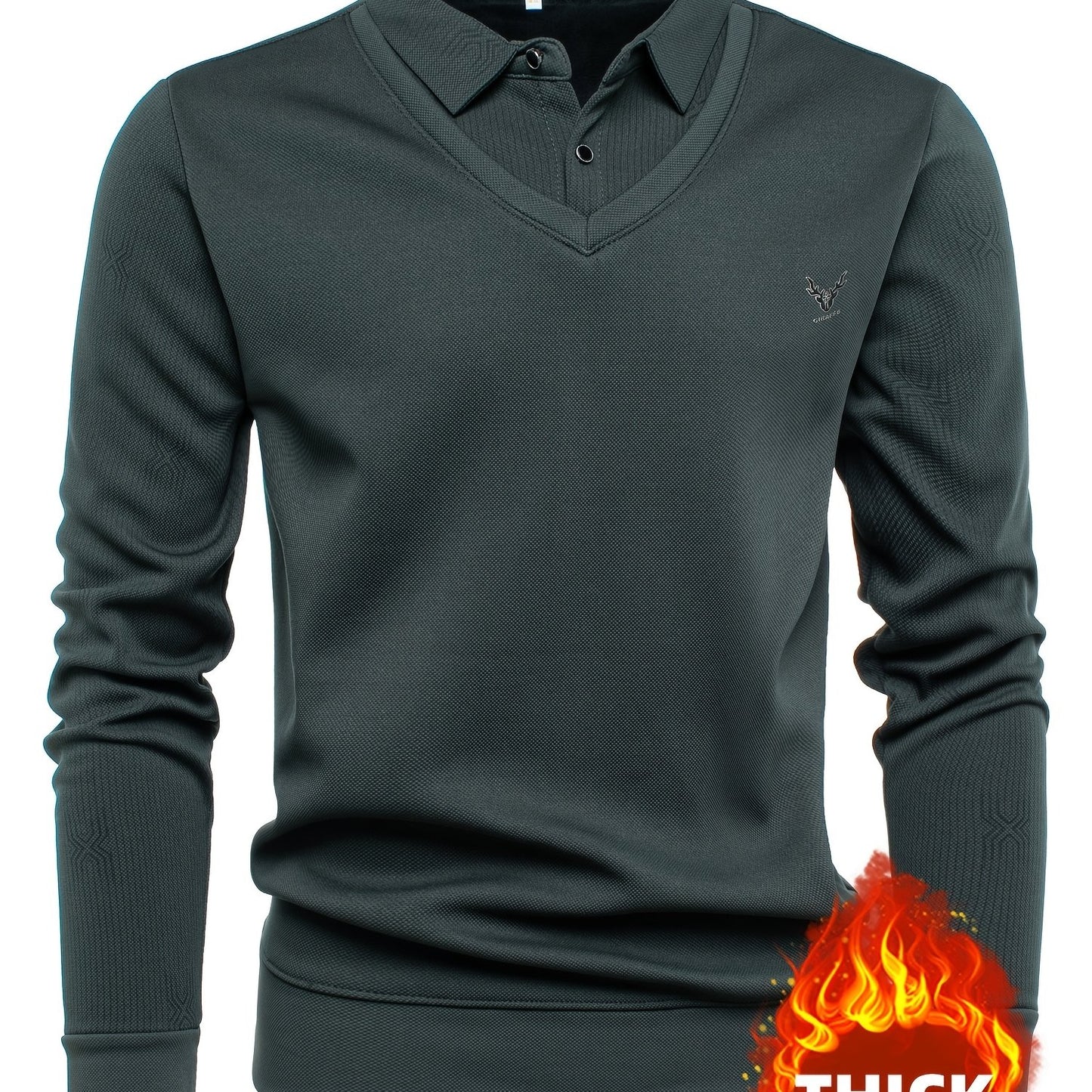 New Autumn And Winter Men'S Long-Sleeve Thickened Fleece Top with a Faux Two-Piece Design, Featuring a Deer Head Label, Stylish Pinstripe Pattern, Warm And Soft for Cold Weather, Perfect for Outdoor Activities, And a Great Gi