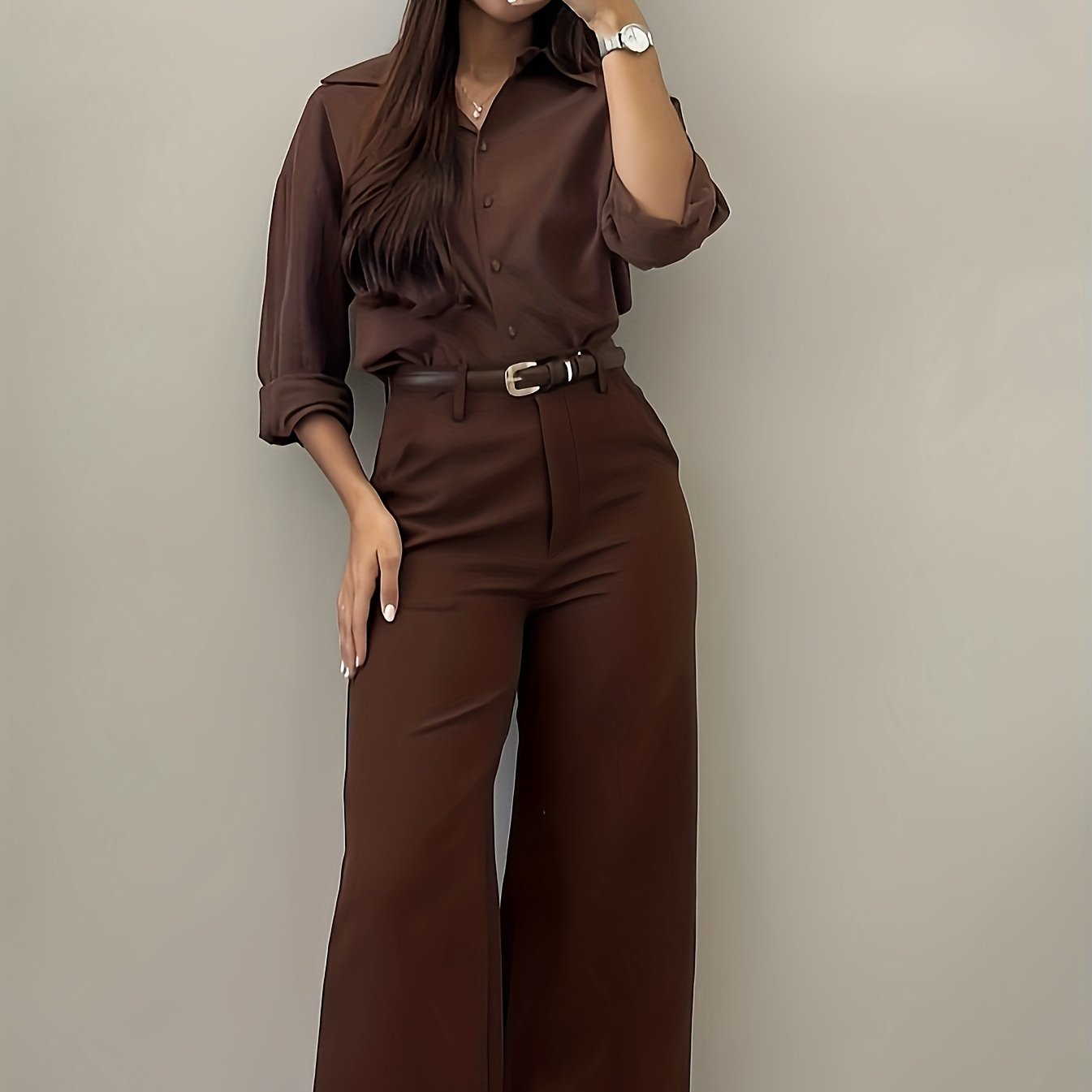 Pantalon Femme Élégant Jambe Large Effilée – Couleur Unie Marron/Noir, Poches, Bureau, Semi-Formel et Soirée, Printemps/Été/Automne
