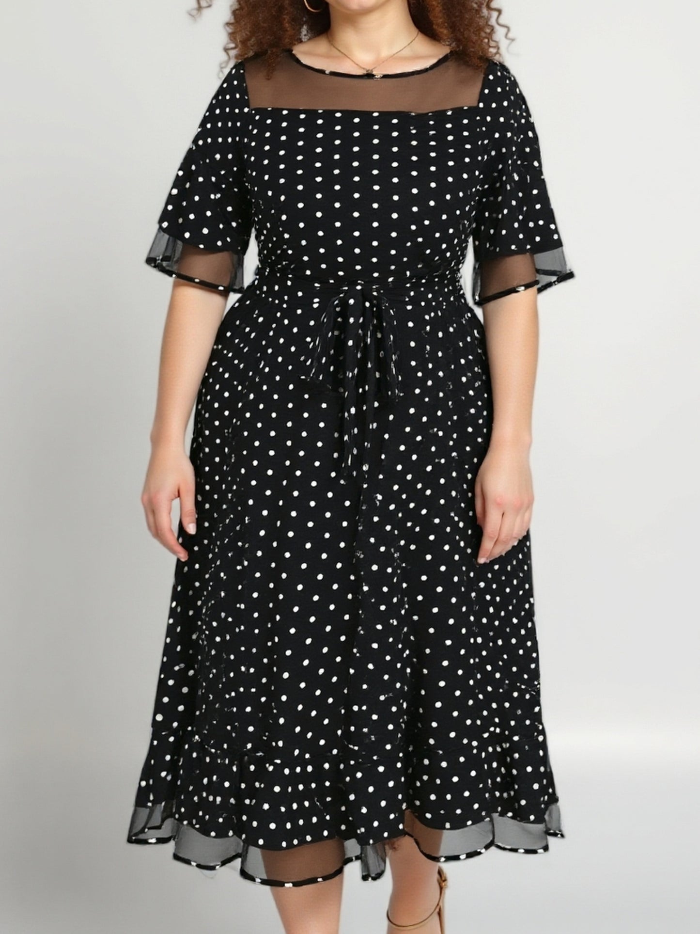 Robe Été Femme Grande Taille – Élégante, Imprimé à Pois, Col Rond, Dos à Nouer, Manches Courtes, Jupe