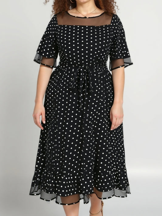 Robe Été Femme Grande Taille – Élégante, Imprimé à Pois, Col Rond, Dos à Nouer, Manches Courtes, Jupe