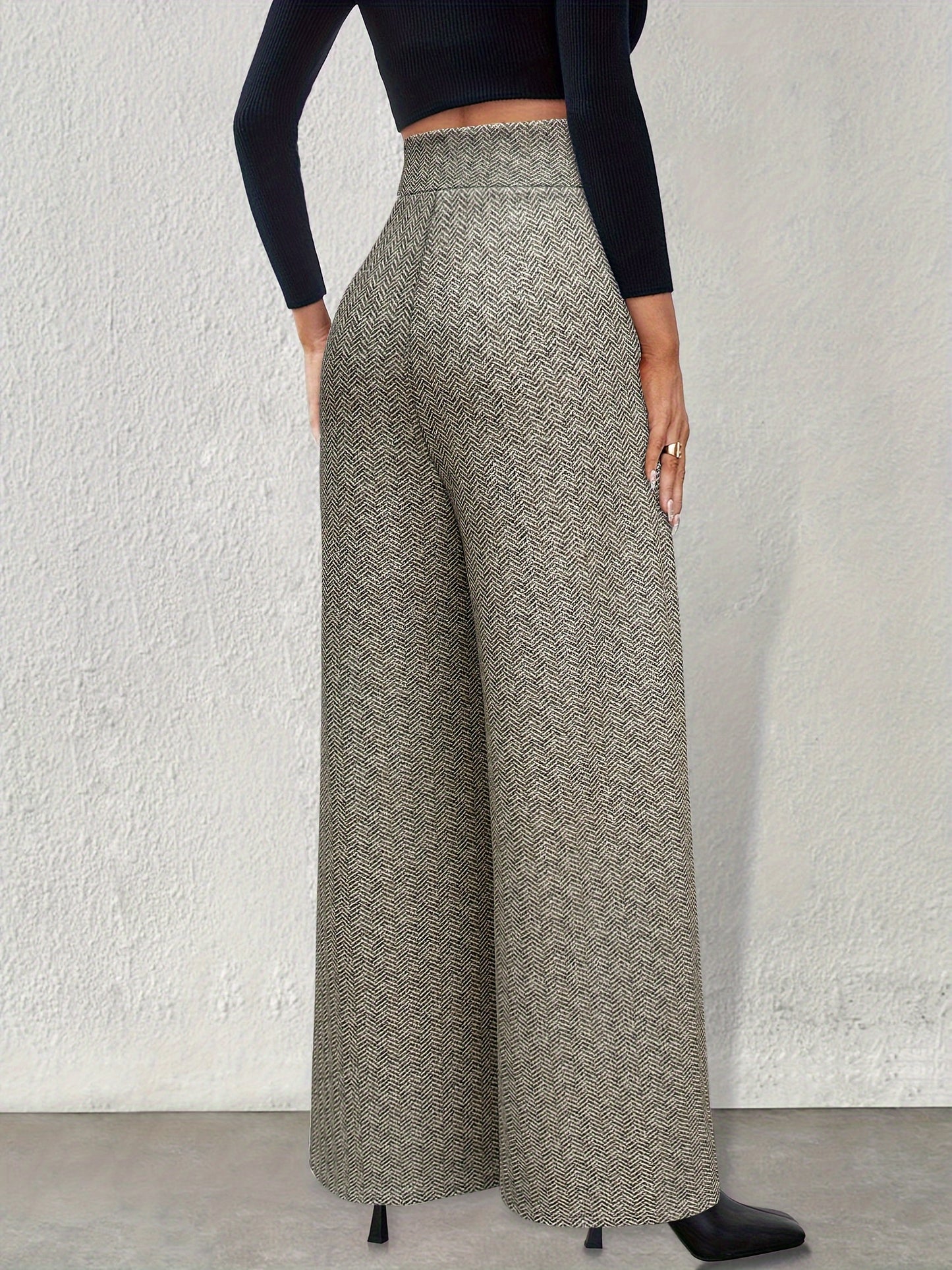 Pantalon Femme Élégant Taille Haute – Jambe Large, Motif Pied-de-Poule, Double Boutonnage, Beige et Noir, Bureau et Décontracté