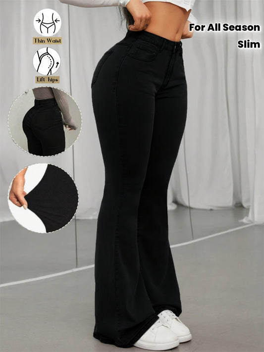 Pantalon Femme Taille Haute Évasé – Jeans Slim Extensible, Tous Saisons