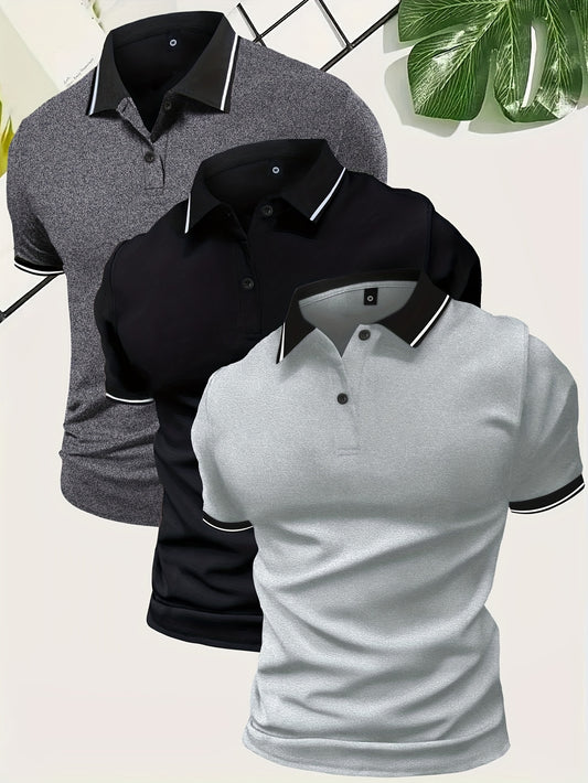 3pcs Men'S Short Sleeve Polo Shirts - Casual Solid Color Button-Up Sports Tees, Lightweight Polyester Fabric, Gray/Black/White, Perfect for Summer & Spring