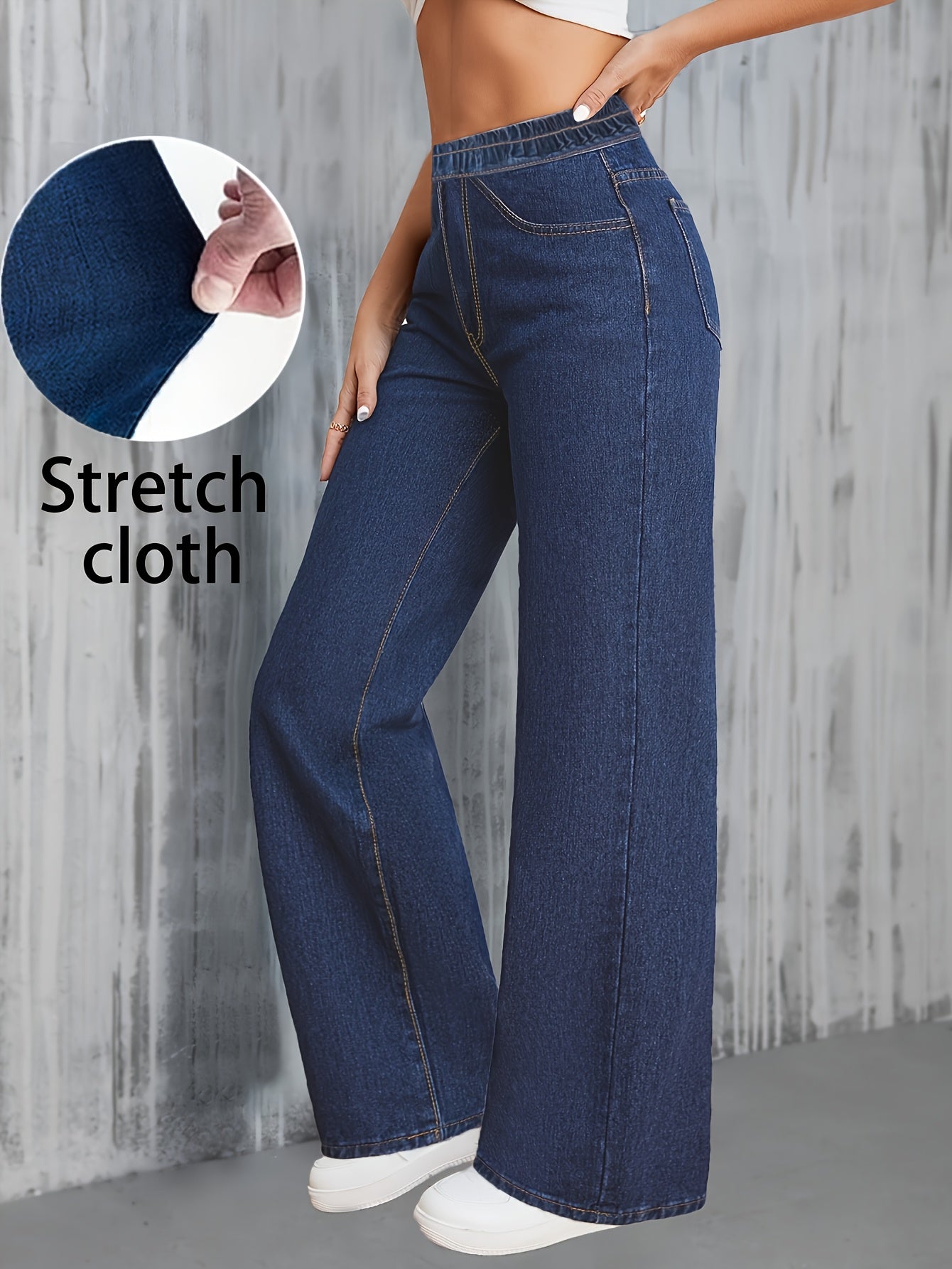 Jeans Femme Taille Haute Jambe Large Extensible Élégant Jambe Droite Poches Ceinture Denim Effet Lavé Toute Saison Décontracté Bureau Voyage