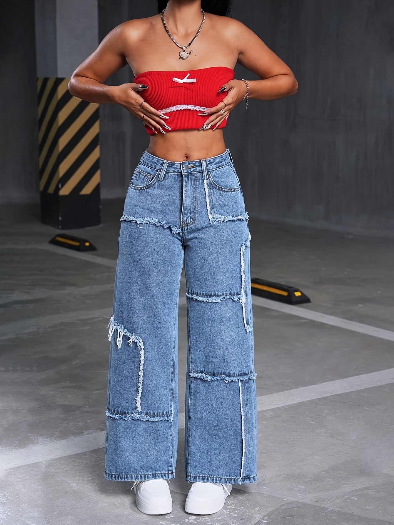 Pantalon Femme Taille Mi-Haute Denim Extensible Jambe Large Effet Déchiré Asymétrique Détail Franges Genou Confort Toute Saison Décontracté Streetwear