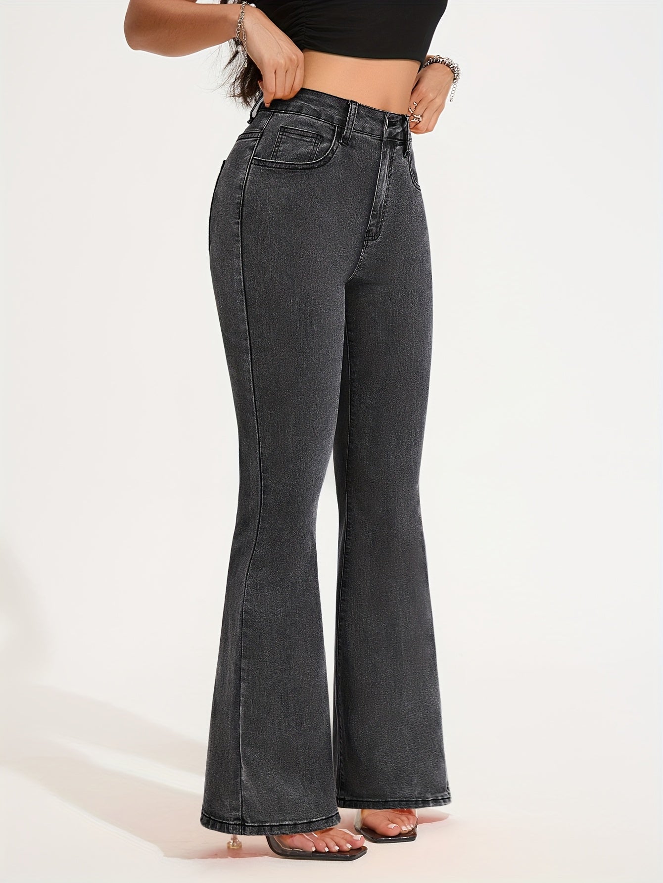 Jean évasé taille haute en denim stretch pour femme - Pantalon élégant gris délavé à jambes évasées avec fermeture à boutons, confortable en toute saison, jean taille haute