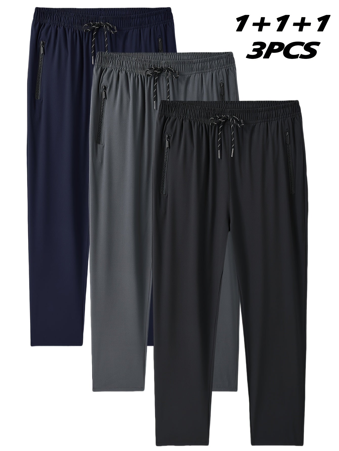 3pcs Joggers Homme Grande Taille – Cordon Élastique, Poches Zippées, Loose Fit, Bleu Marine/Gris Foncé/Noir, Printemps/Automne