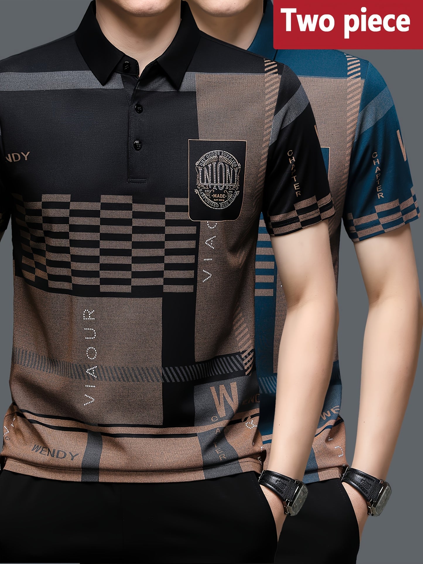 A Set of Two 380G Short-Sleeve Polo Shirts with a Collar, Featuring a Stylish Plaid Design And English Decorations for Men, Perfect for Summer.