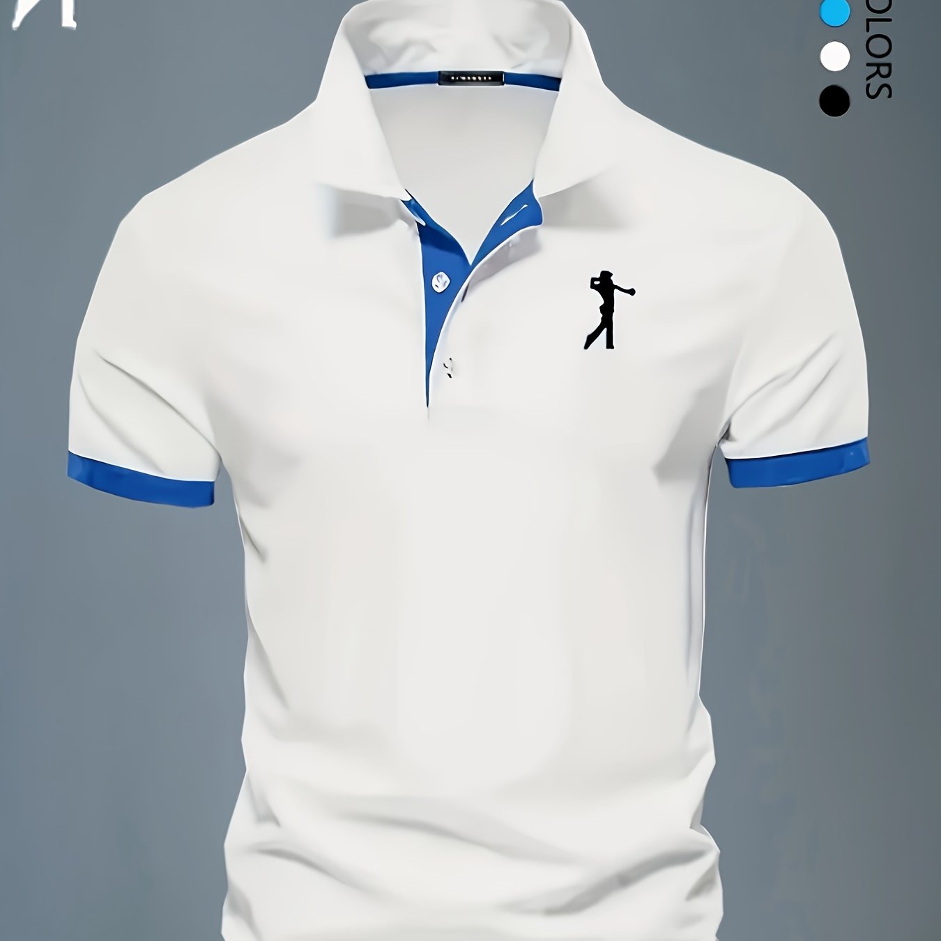 Men'S Summer Breathable Polo Shirt - Casual Short Sleeve, White with Blue Trim & Logo, Regular Fit, Geometric Pattern, Versatile for Business or Leisure Wear, Summer Casual Wear | Stylish Casualwear | Comfortable Fit