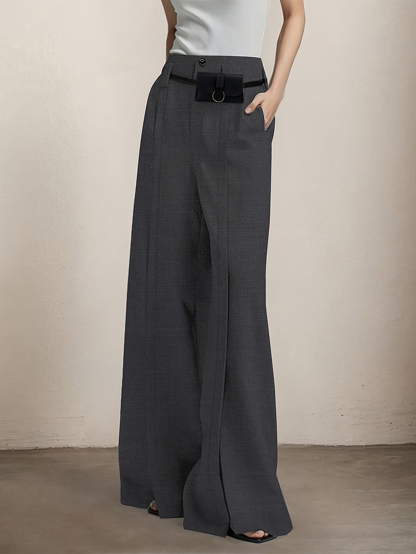 Pantalon Femme Élégant Jambe Large – Polyester, Couleur Unie, Fente Avant et Poches, Fermeture Zippée, Confortable, Automne/Hiver