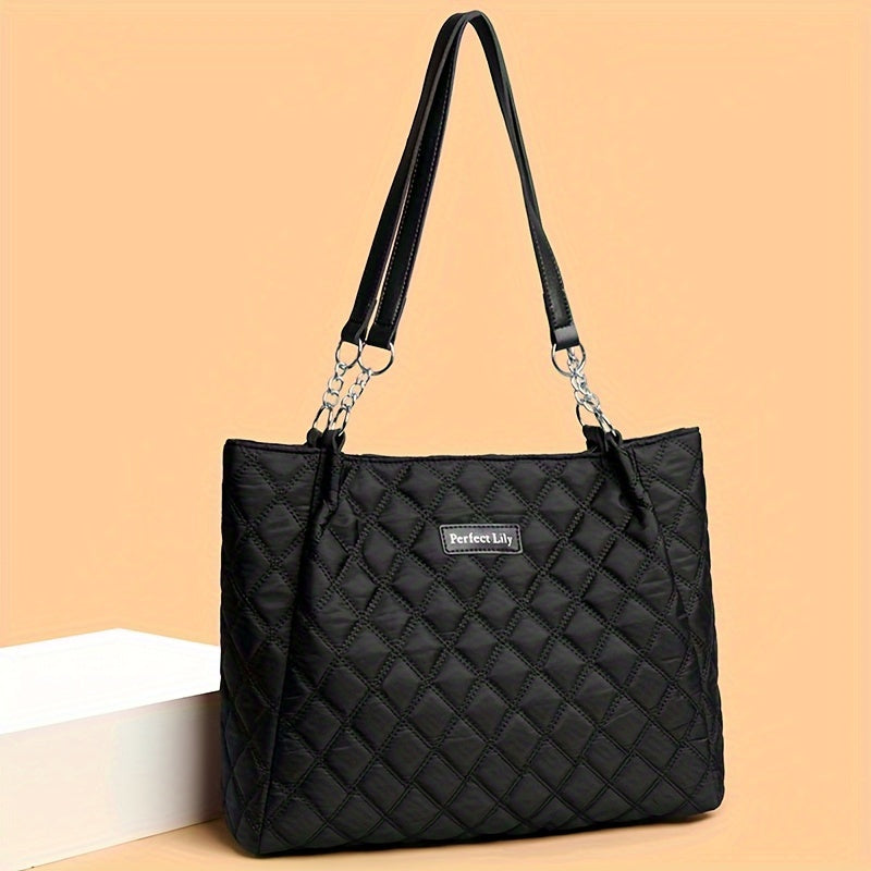 Sac fourre-tout élégant pour femmes – grande capacité, motif losange, nylon résistant, fermeture éclair, bandoulière fixe, idéal travail, voyage ou shopping