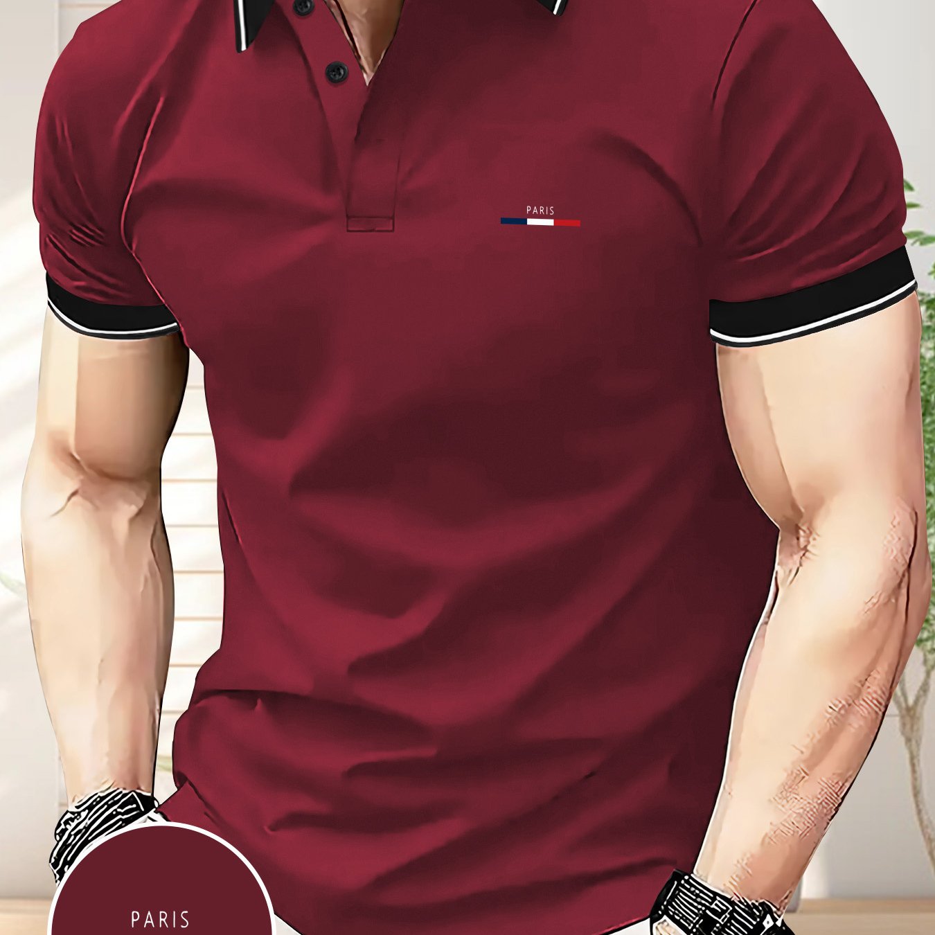 Men's Summer Business Casual Shirt - Maroon with Black Contrast Collar & Sleeve Trim, Geometric Pattern, Breathable Short Sleeve Golf & Tennis Shirt, Regular Fit, Machine Washable, Outdoor Leisurewear, Highquality Fa