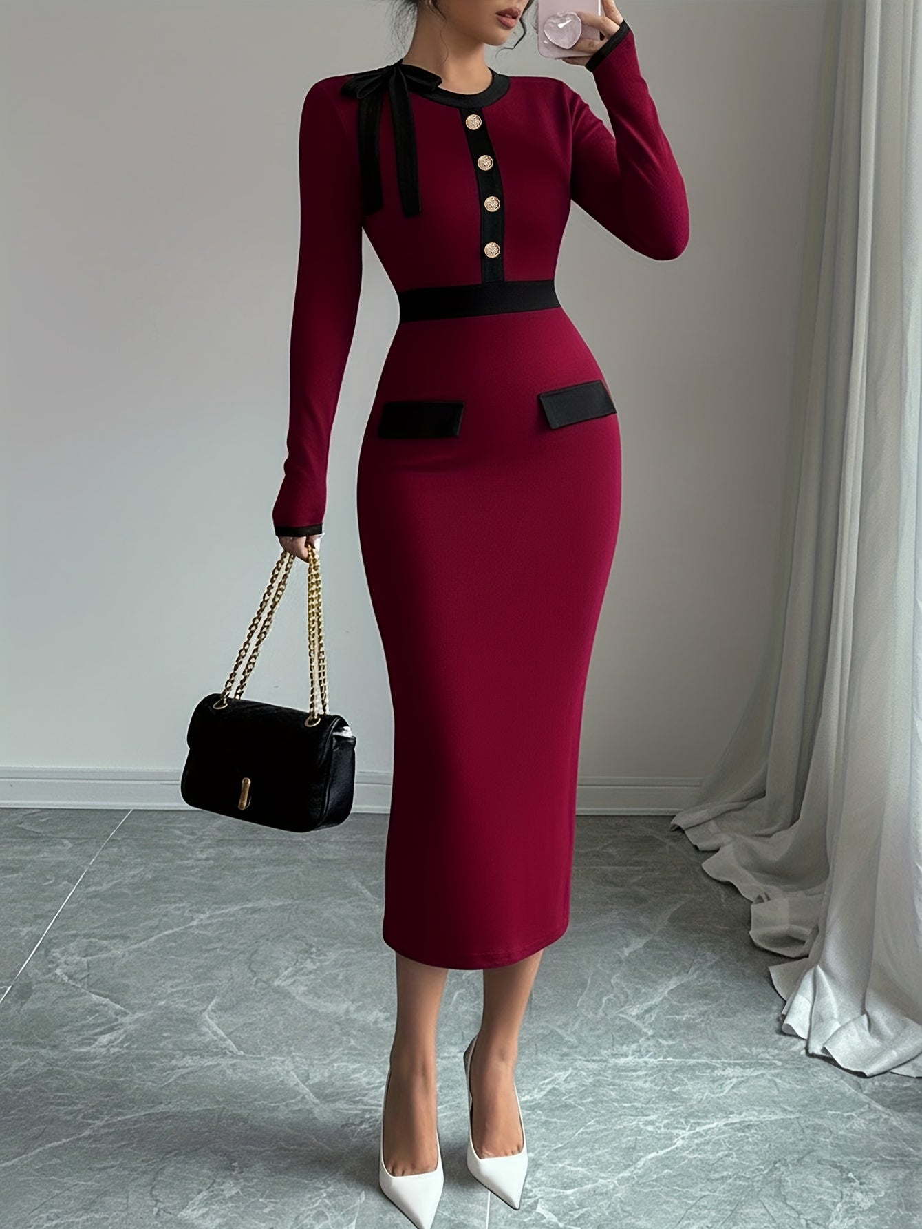 Women's Elegant A-Line Dress with Bow & Button Neckline - Black & White Contrast Long Sleeve Wedding Guest Dress, Church Dress, Year-Round Wear - Machine Washable A-Line Silhouette for Parties & Special Occasions (s)