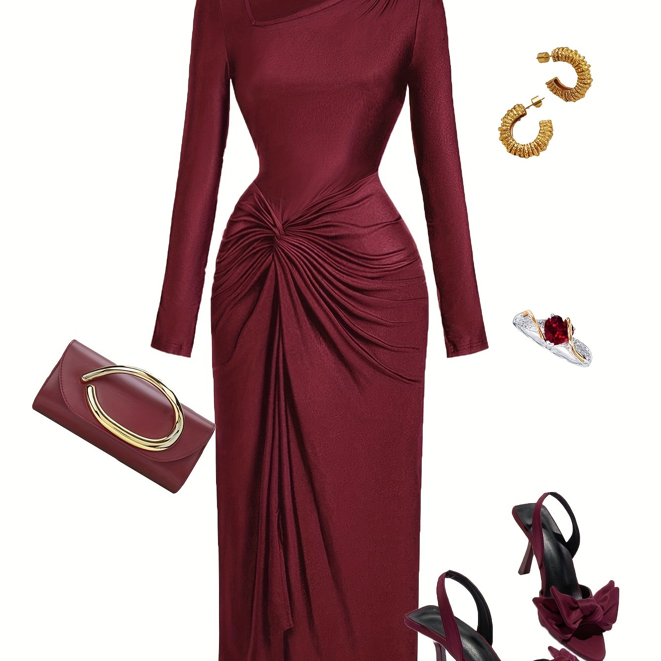 Robe Femme Élégante à Col Irrégulier — Manches Longues, Couleur Unie, Parfaite pour Soirées, Sorties et Rendez-vous