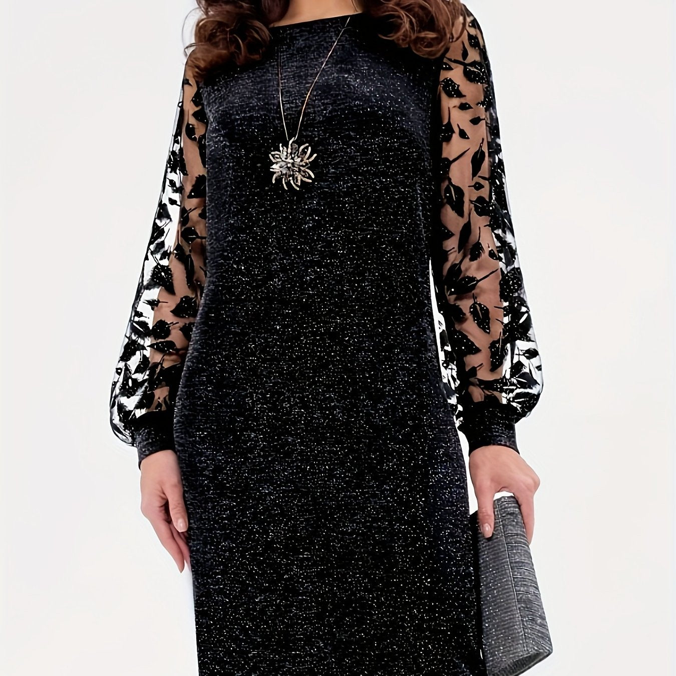 New Spring/Autumn Dress with Mesh Patchwork, Round Neck, Long Sleeves, Fashionable Fabric, Fit Dress