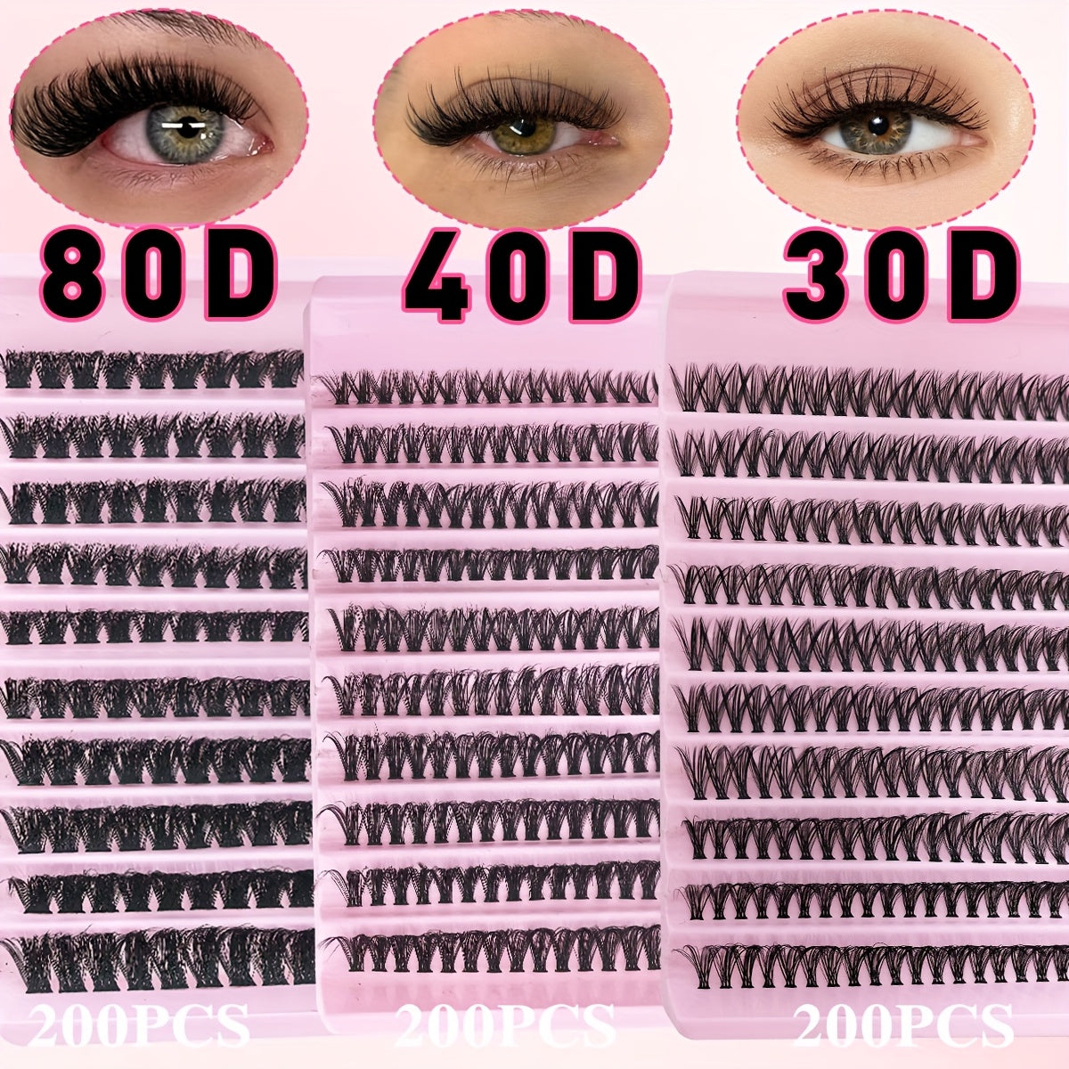 200 pcs Cils en Paquets Wispy — Longueurs 8-16 mm, Look Naturel, Cils Individuels Fluffy, Extensions DIY, Curl 30/40/80D, Réutilisables et Adaptés aux Débutants