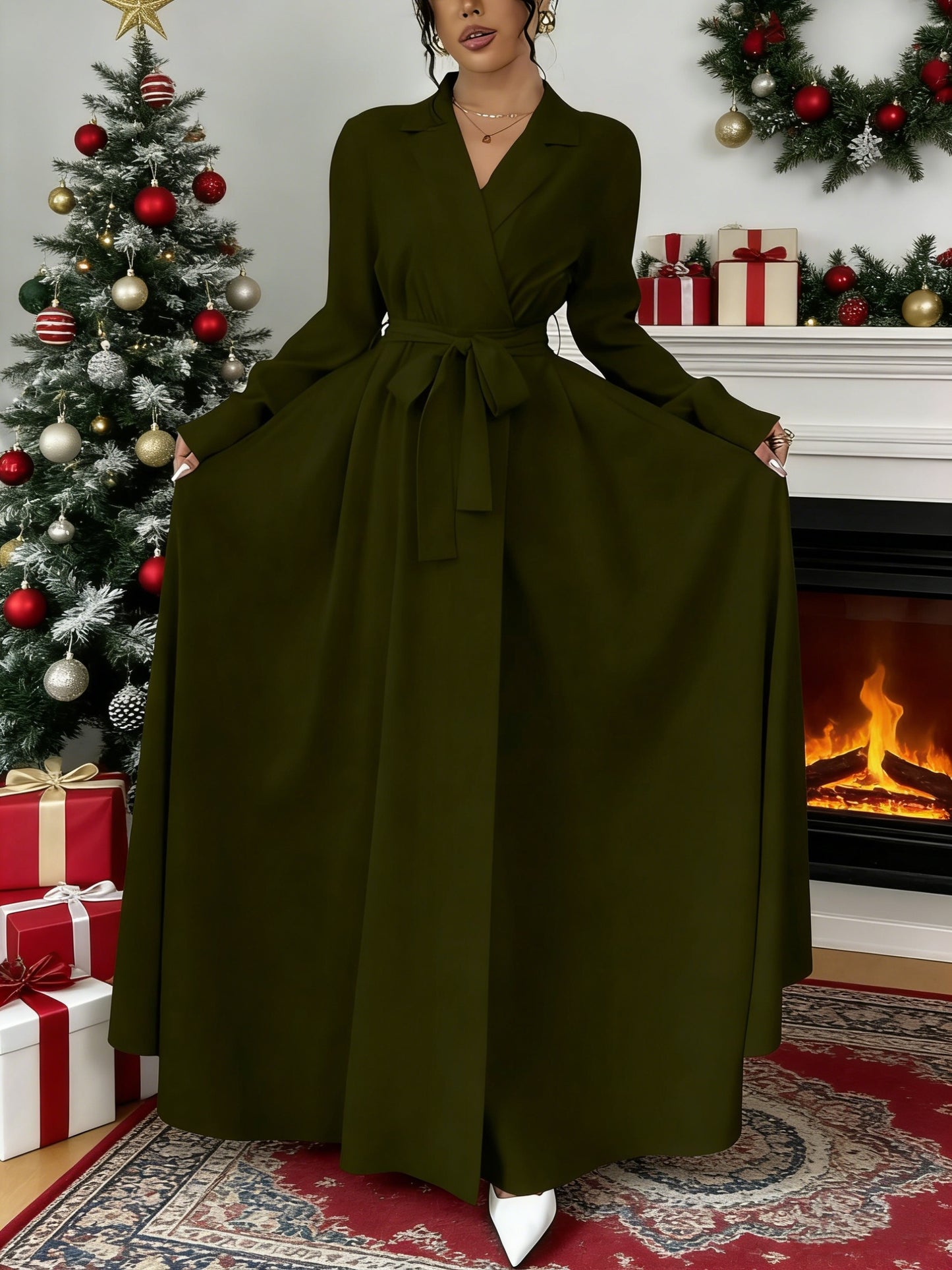 Women's Elegant A-Line Maxi Dress with Collar & Lace-Up Waist - Solid Color Formal Wedding Party Dress, Long Sleeve Flowing Flared, Machine Washable (Elegant Special Line Collection)