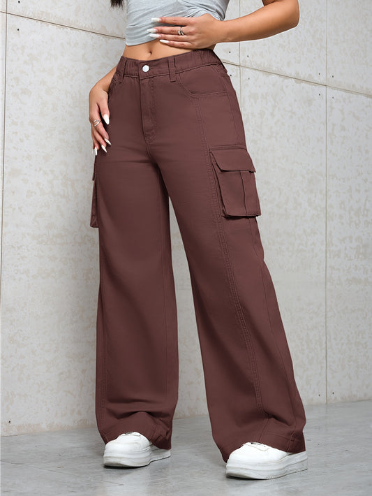 Pantalon Cargo Femme Vintage Marron – Jambe Large avec Multiples Poches, Robuste, Tous Saisons, Sans Extensibilité