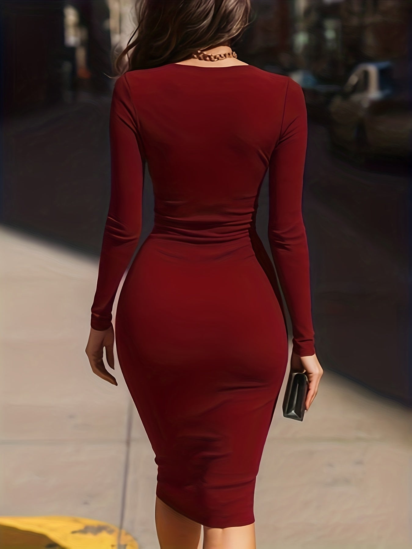 Elegant Asymmetric Neck Long Sleeve Bodycon Dress | Metal Ring Detail, Solid Color, Suitable for Spring/Summer/Fall