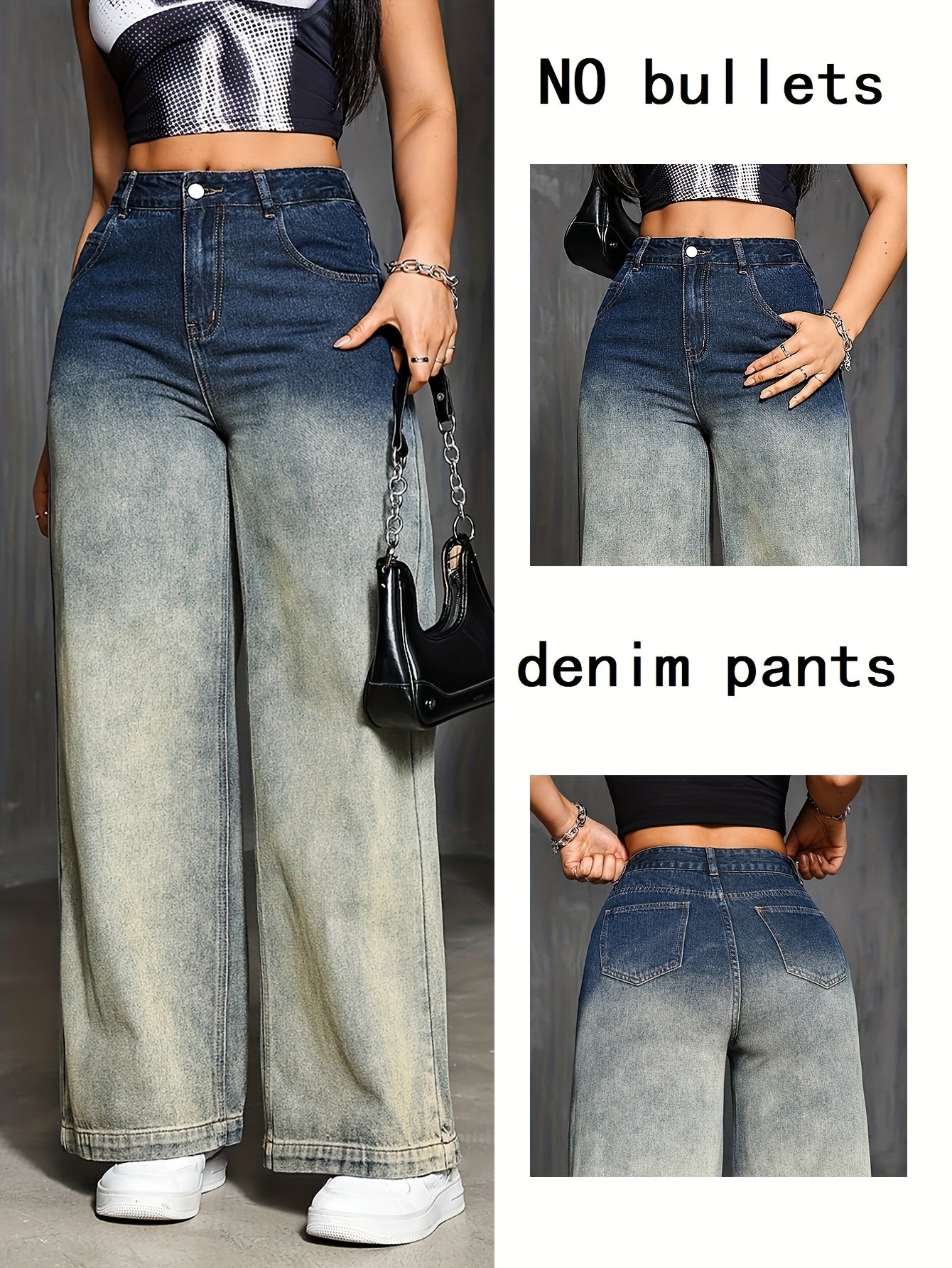 Jeans Femme Taille Haute Dégradé Jambe Large Style Street Bootcut Poches Boutons Toute Saison Confort Décontracté