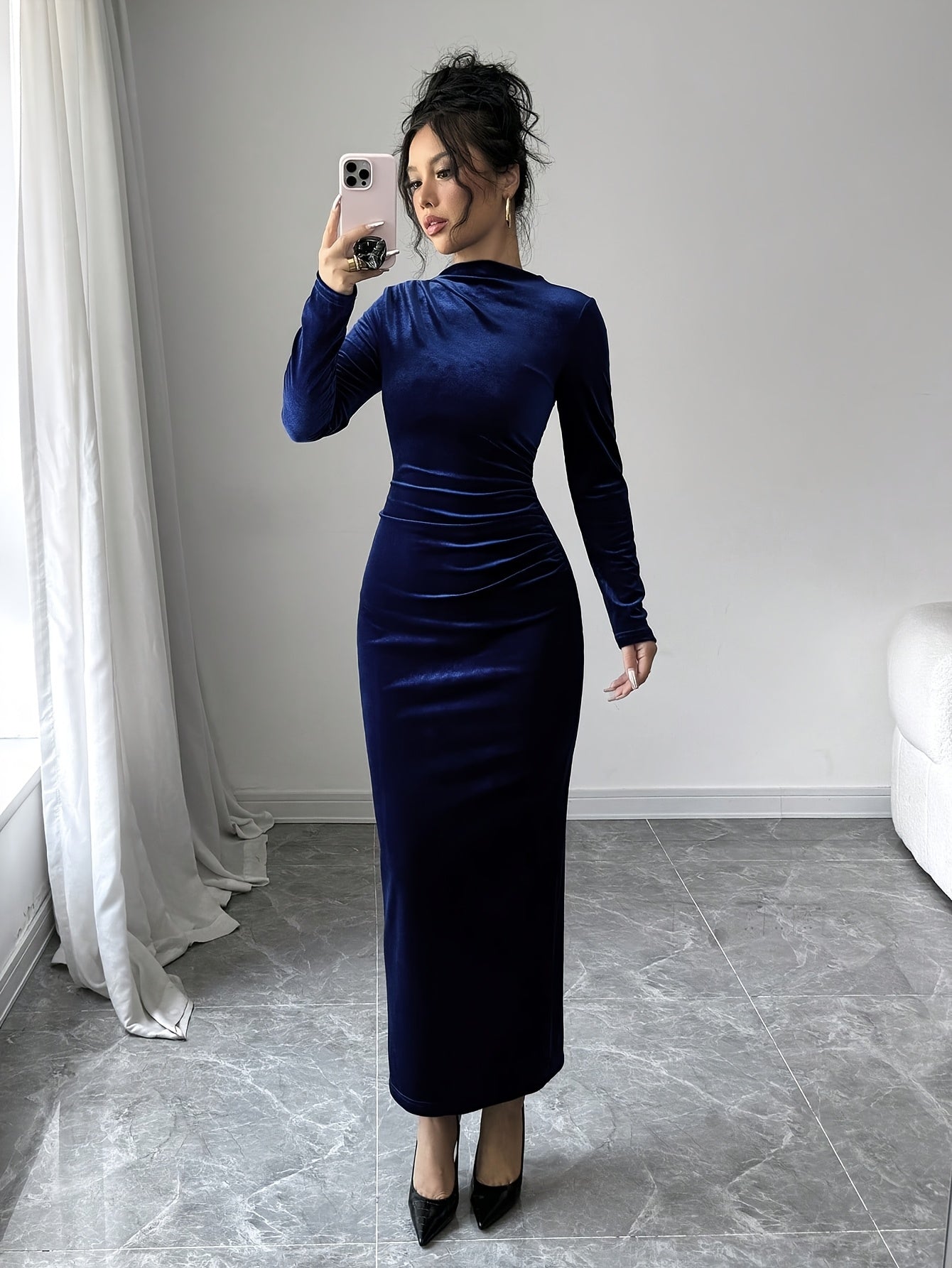 Women's Elegant Asymmetric Long Maxi Dress with Stand Collar & back slit - Solid Color Fitted Gown, Machine Washable Wedding Guest Gown, Prom Dress, for all-Season Wear - Formal Evening Dress