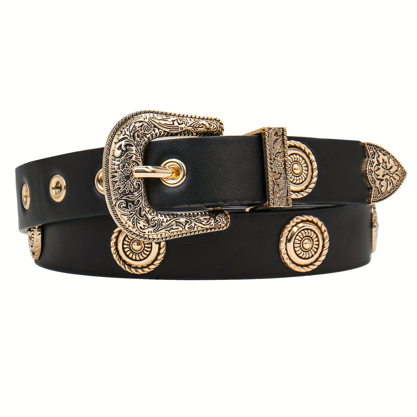 Ceinture pour femmes – Noir avec clous métalliques dorés, boucle métallique ornée, taille standard, pour robes, pantalons et jeans, ceinture style western, ceinture noire imitation cuir