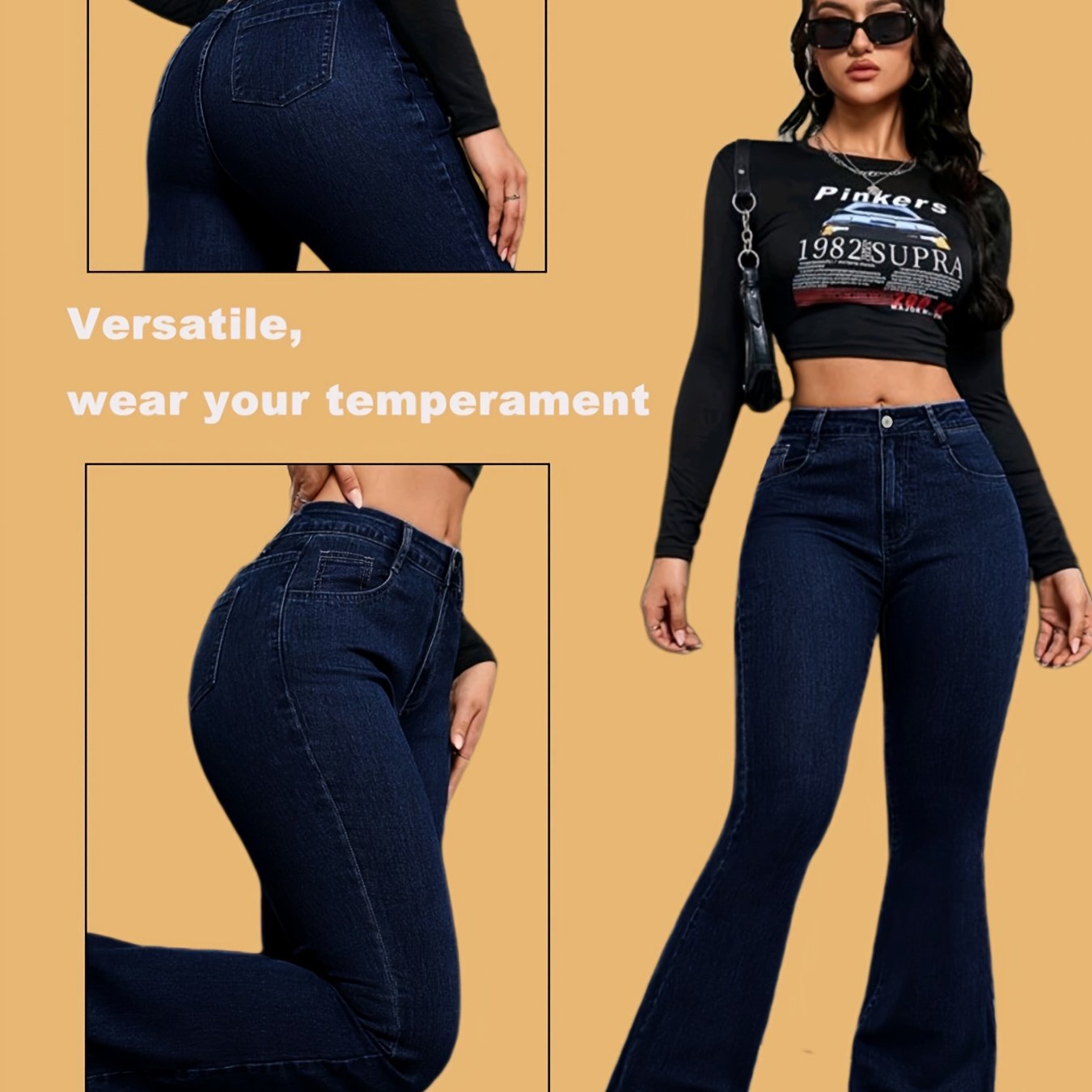 Jeans Femme Taille Haute Évasé Extensible Longueur Totale Boutons Élégant Toute Saison Confortable Polyvalent