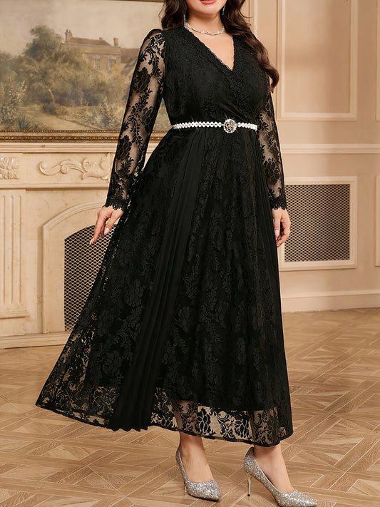 Plus Size - An Elegant Plus-Size Solid Color V-Neck Lace Long-Sleeve Dress, Featuring a Pleated Hem Design, Stylish And Graceful, Suitable for Banquets, Weddings, Parties, Celebrations, And Dates.