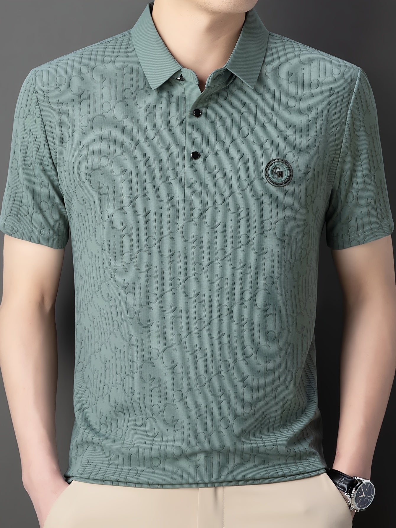 Men'S Breathable Summer Graphic T-Shirt - Short Sleeve, Button-Up Collar, Casual Streetwear with Stylish "H" Print Design, Lightweight Polyester Fabric for Golf, Tennis & Weekend Outing