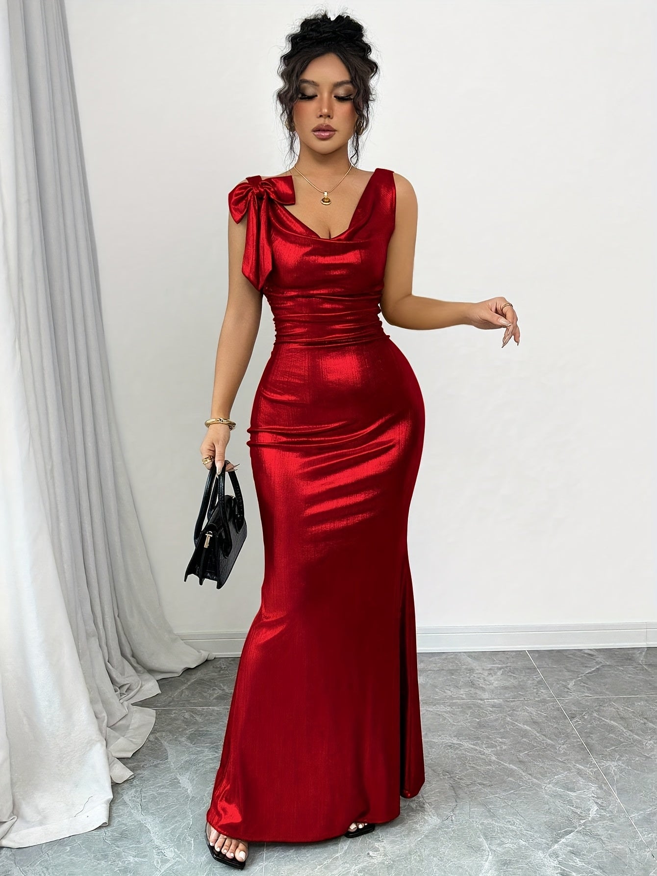 2026 European & American Christmas & Valentine's Day Sexy Hot American Style Golden Deep V-Neck Backless Bodycon Long Dress