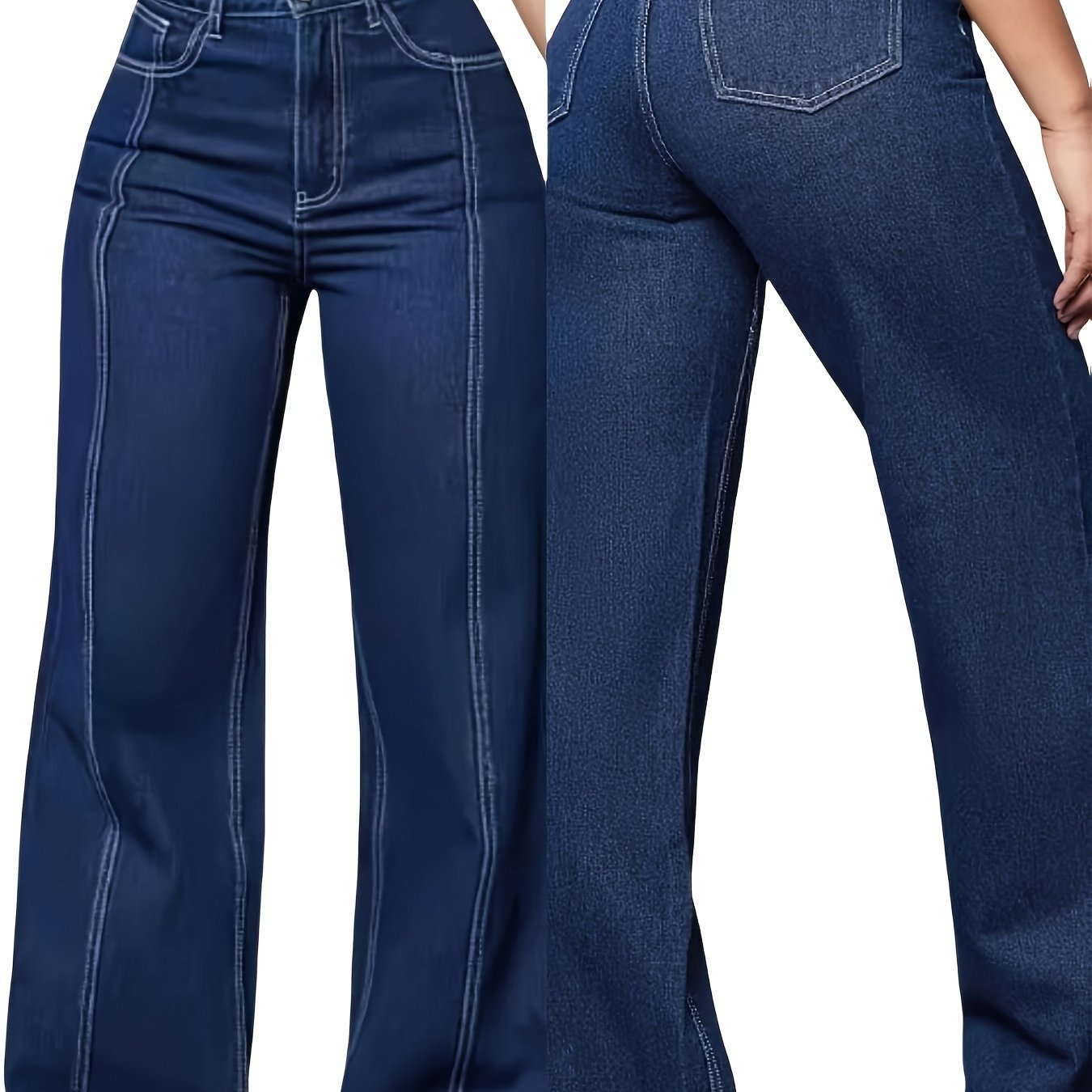 Jeans Femme Grande Taille – Taille Haute, Jambe Droite et Large, Bleu avec Poches Obliques