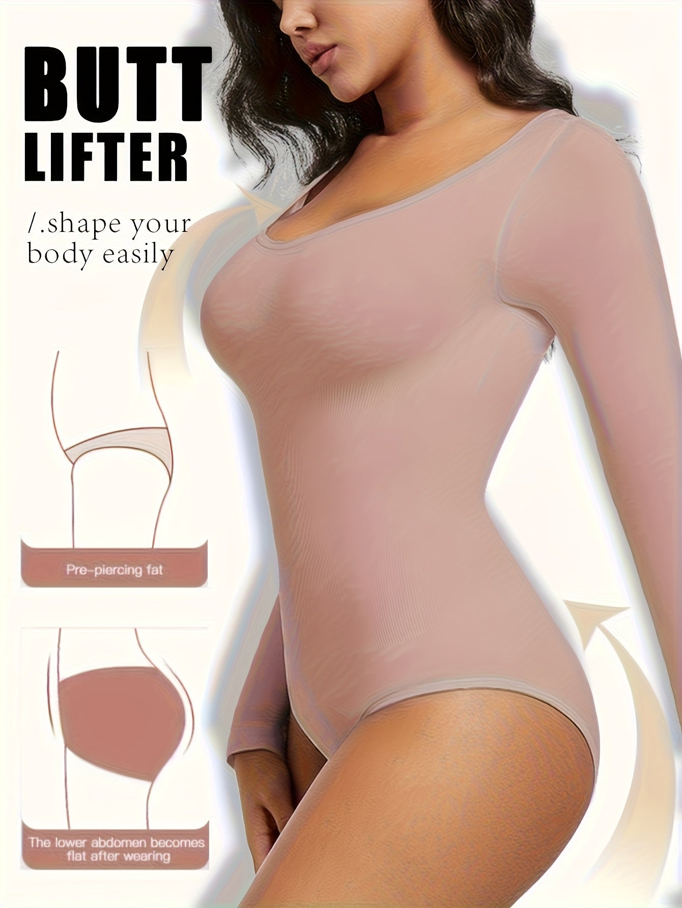 Body Femme Sexy Manches Longues – Col Rond, Taille Haute, Sans Coutures, Dos Nu Col Carré, Combinaison Short Mi-Cuisse, Idéal Fitness Printemps/Été, Tissu Lisse, Polyvalent