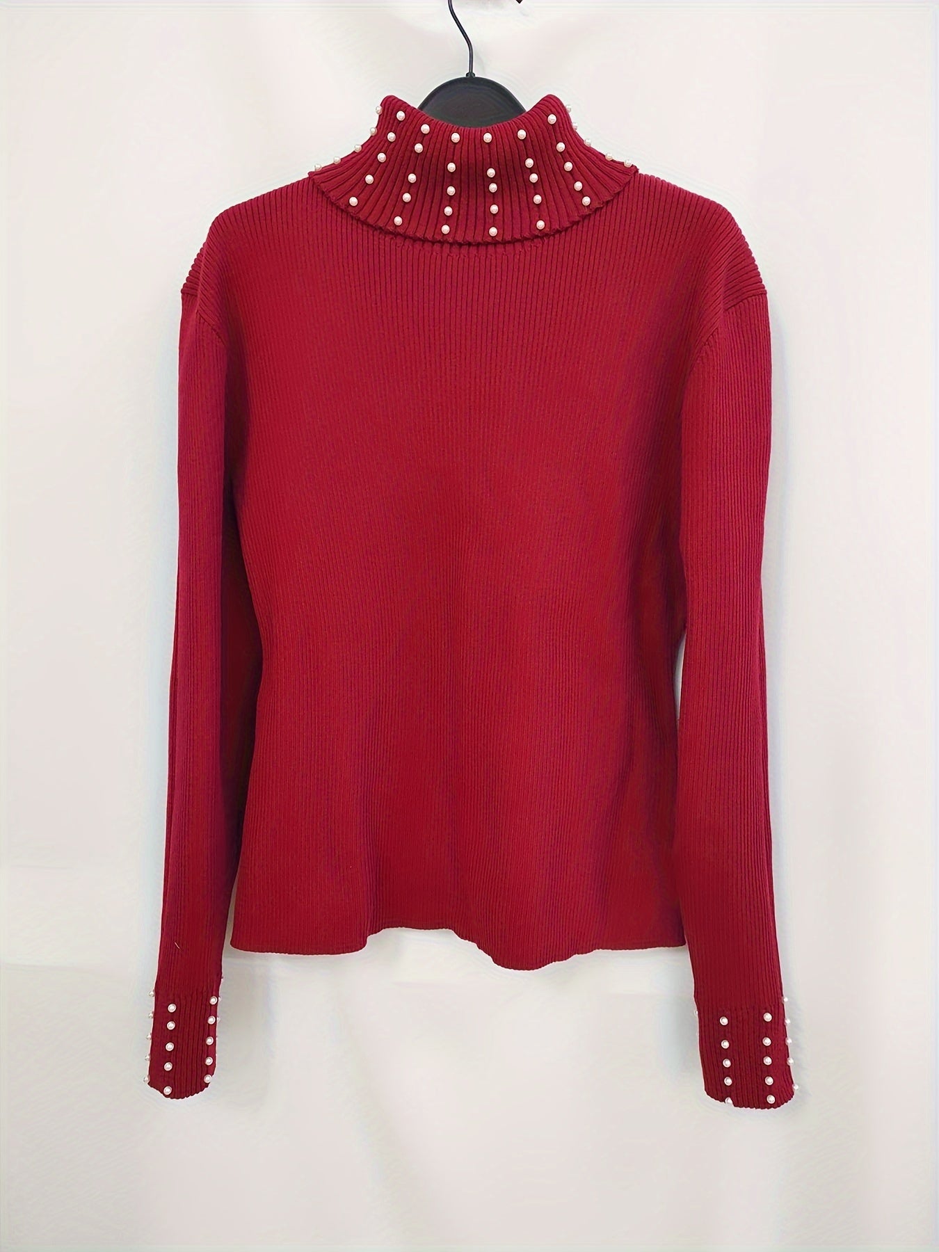 Pull-over élégant pour femmes grande taille, col haut orné de perles, noir extensible, lavable en machine, incontournable chic toute saison