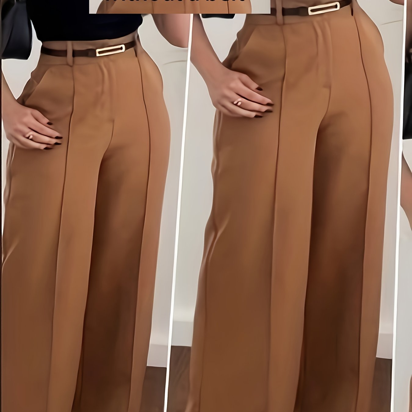 Pantalon Femme Élégant Taille Haute – Jambe Droite, Fermeture Zippée, Sans Ceinture, Couleurs Neutres (Marron/Beige/Noir/Gris), Bureau et Décontracté, Tous Saisons