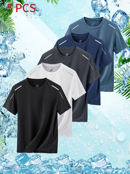 5pcs Men's Quick-Dry Athletic T-Shirts - Breathable, Moisture-Wicking Crew Neck Short Sleeves in Assorted Colors for Gym & Summer Activities, Gym Clothes