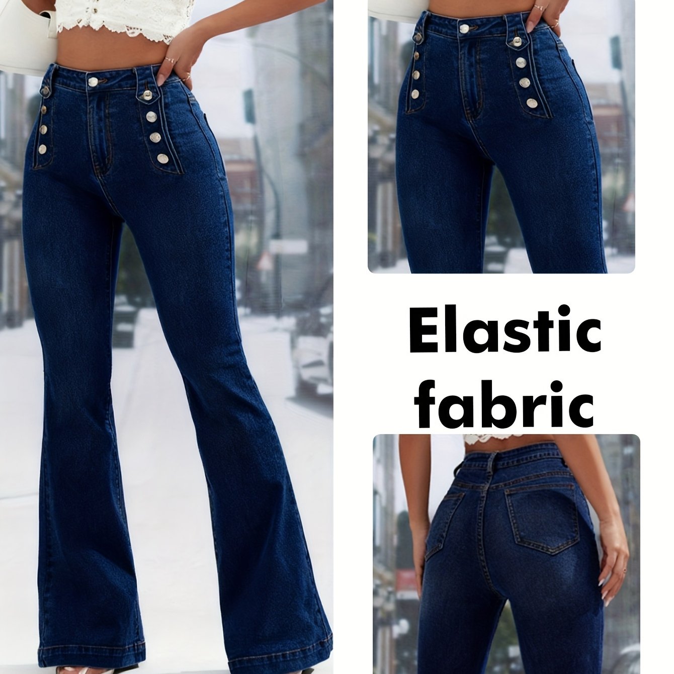 Jean Femme Taille Haute Stretch Coupe Évasée Polyvalent