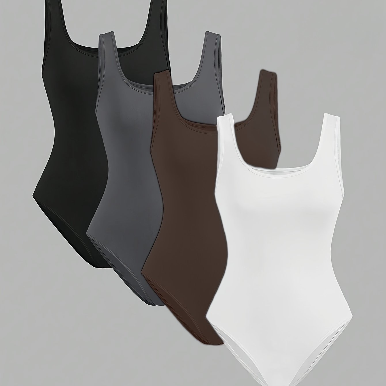 Lot de 4 bodys unis pour femme, style débardeur sans manches. Design simple et décontracté, parfait pour le printemps et l’été