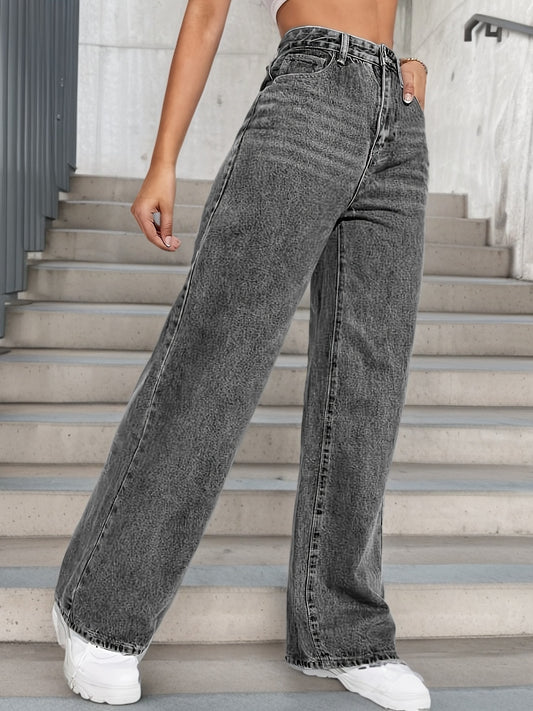 Jeans Femme Taille Haute Jambe Droite Extensible Denim Gris Effet Usé Boutons Confortable Toute Saison Durable