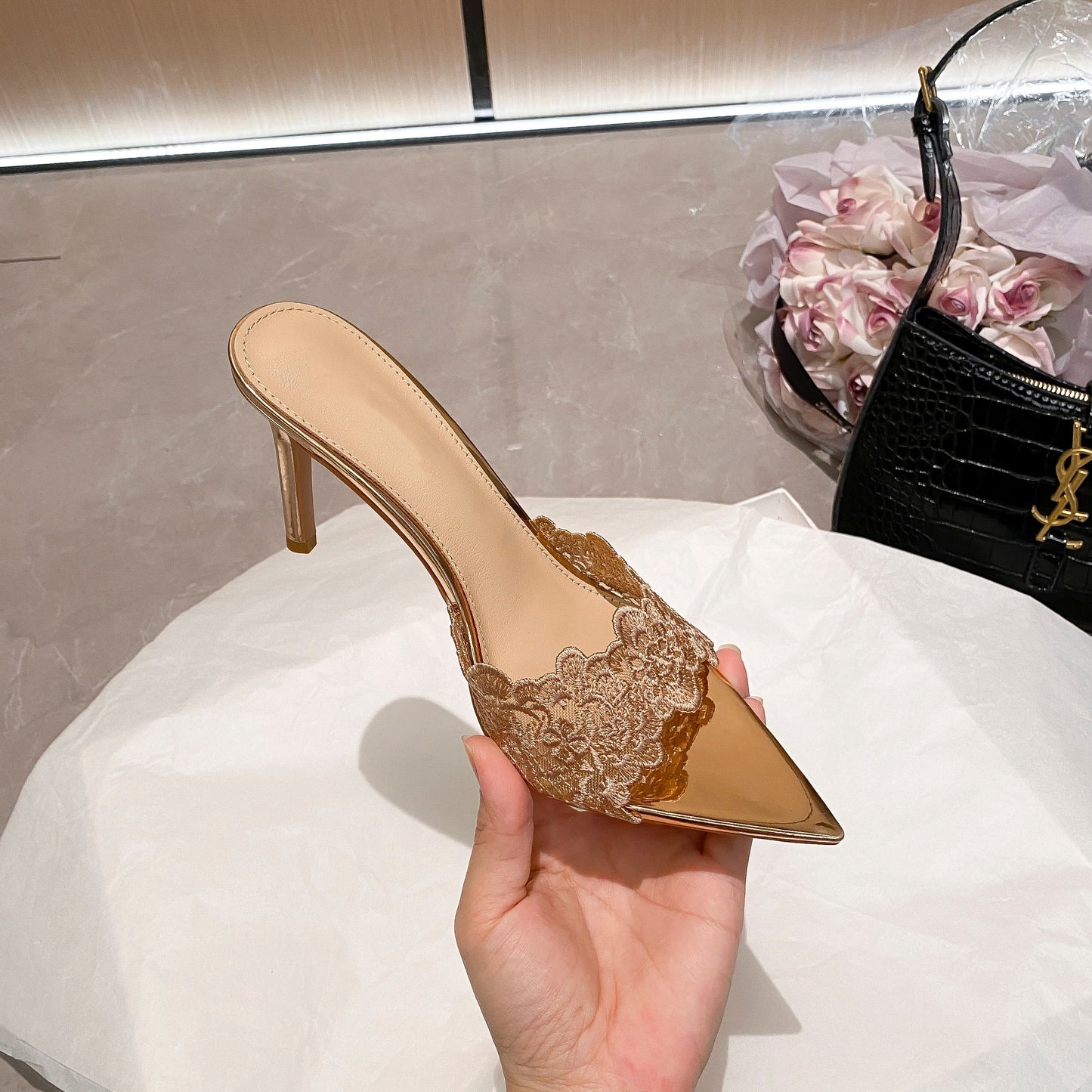 Escarpins Élégants à Talons Aiguilles pour Femme – Champagne, Dentelle, Bout Ouvert, Bride à la Cheville, Talons Ultra-Hauts, Enfilage Facile, Polyvalents Toutes Saisons