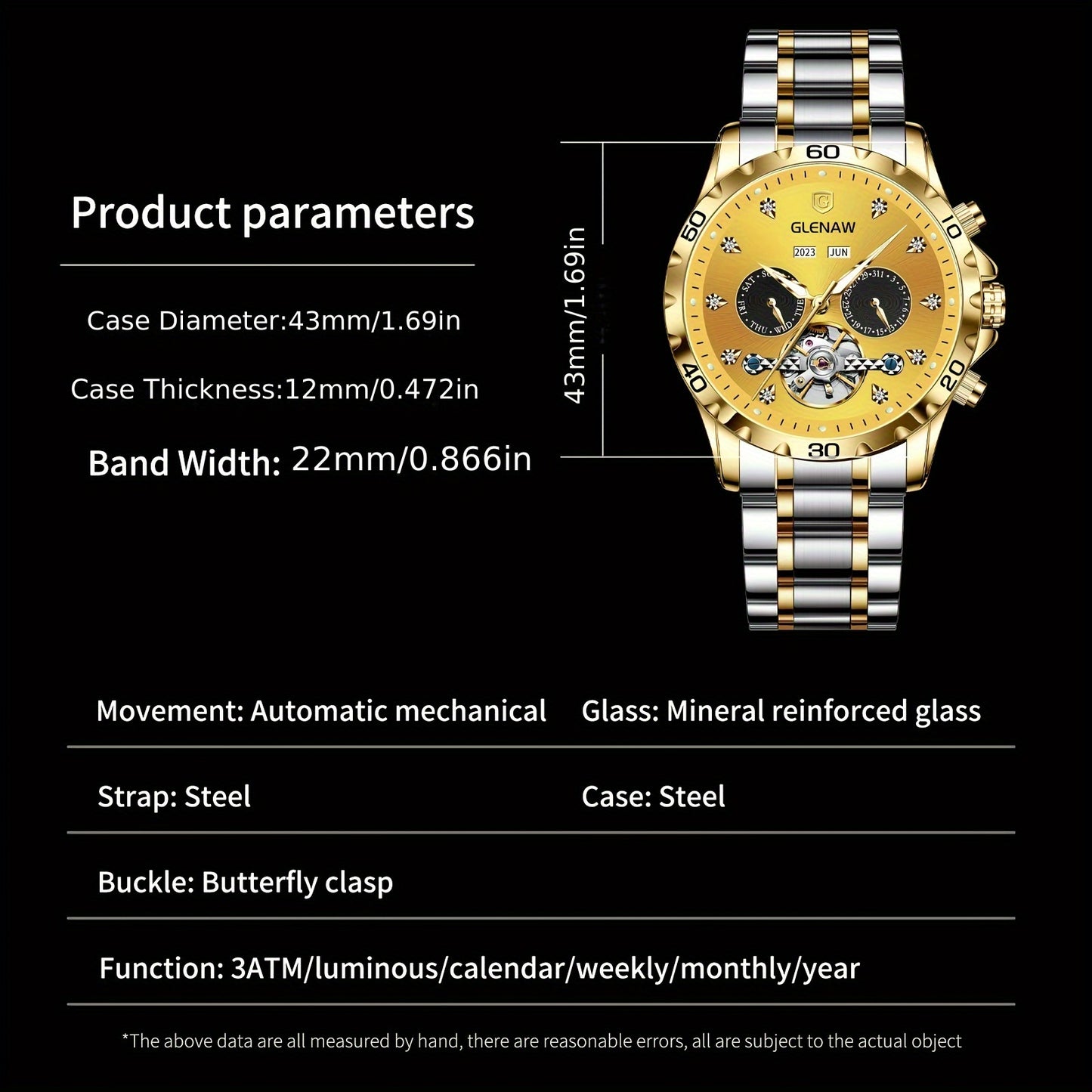 Montre automatique pour homme, bracelet en acier inoxydable avec strass, montre mécanique squelette à remontage automatique avec affichage du jour, de la date, du mois et de l’année – Cadeau idéal pour homme