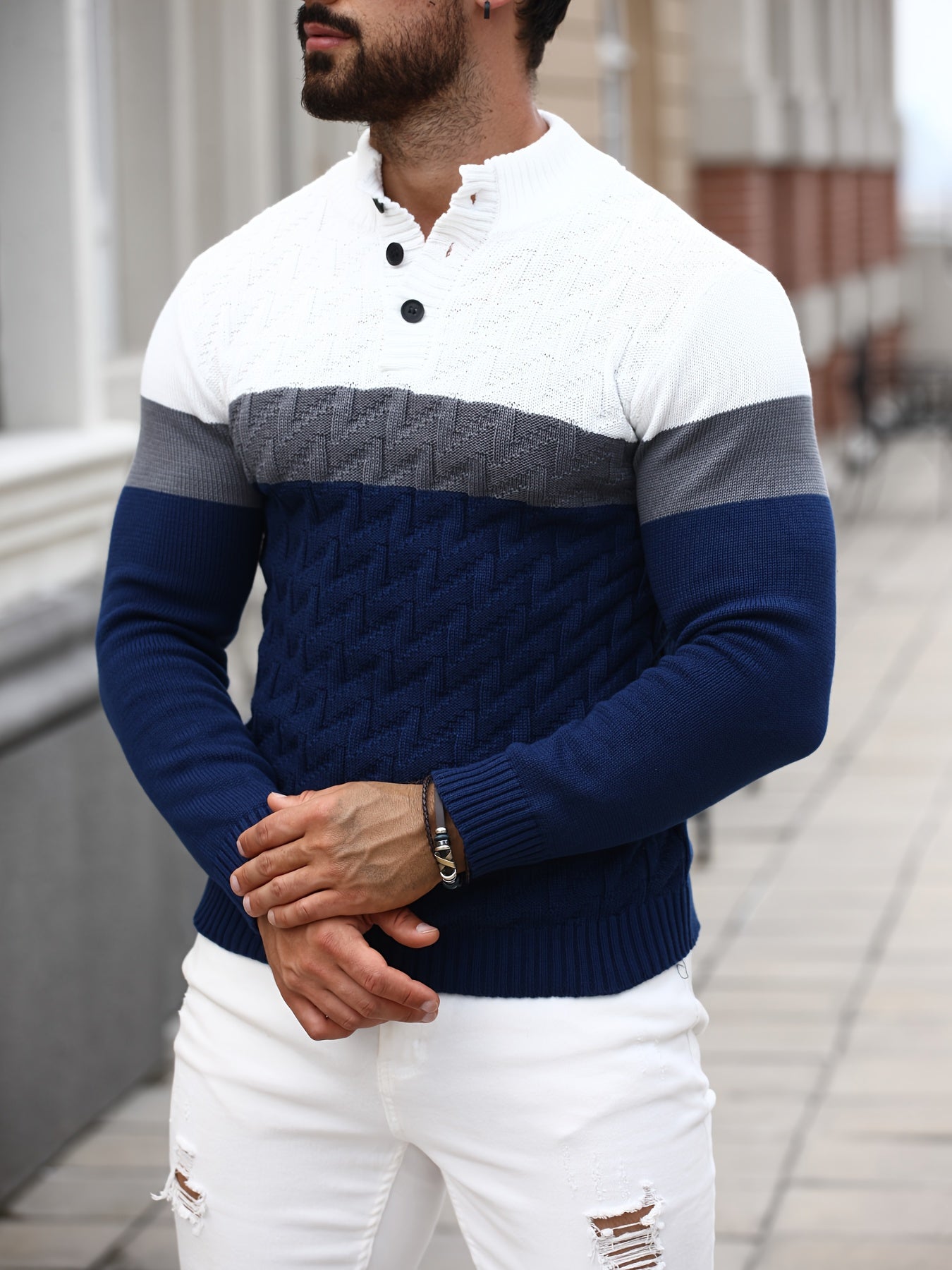 Men'S Casual Stand Collar Pullover Sweater - Stylish Quarter Button Geometric Knit Design, Long Sleeve, Regular Fit for Fall/Winter