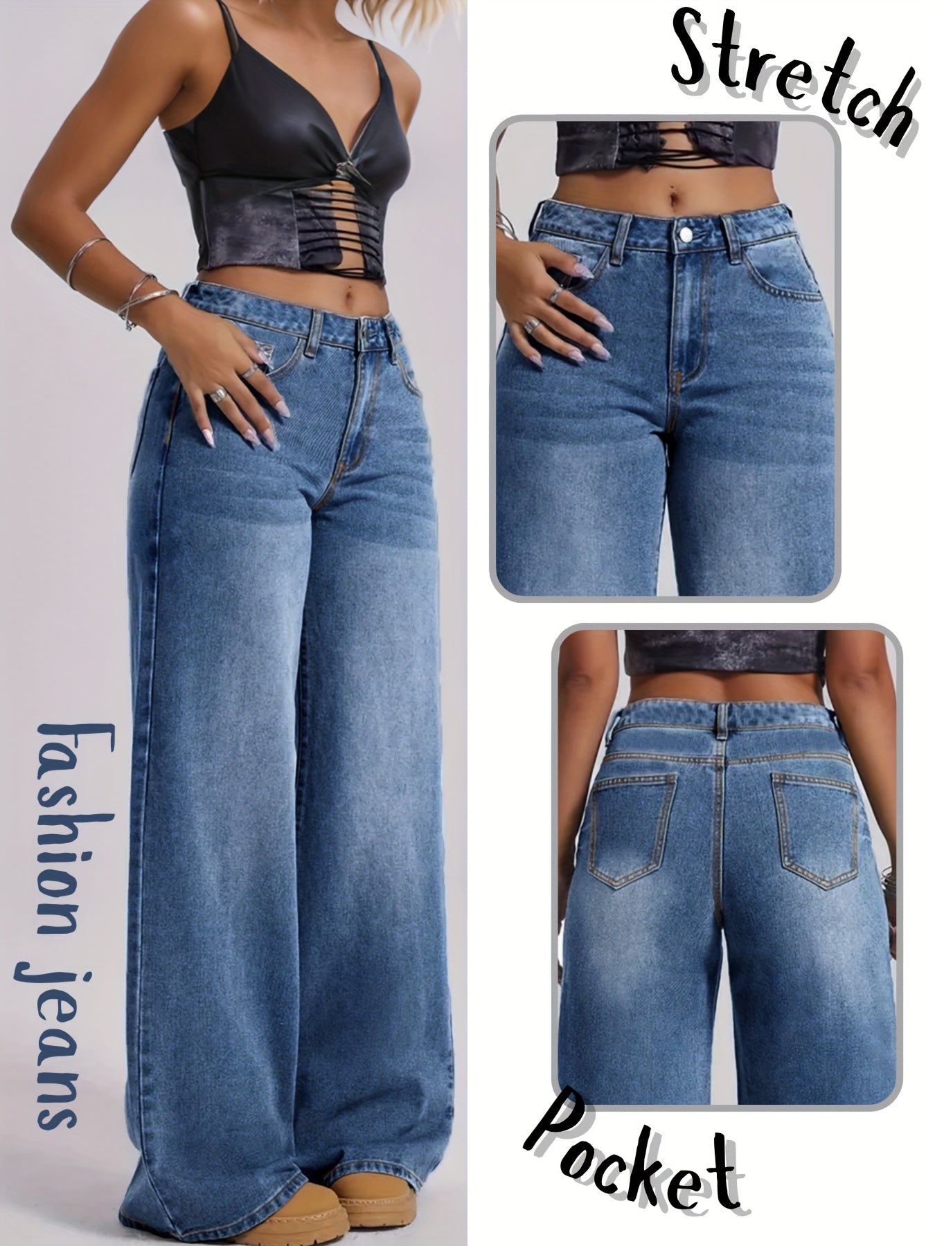 Jeans Femme Extensible – Jambe Droite, Bleu Effet Usé, Décontracté et Polyvalent