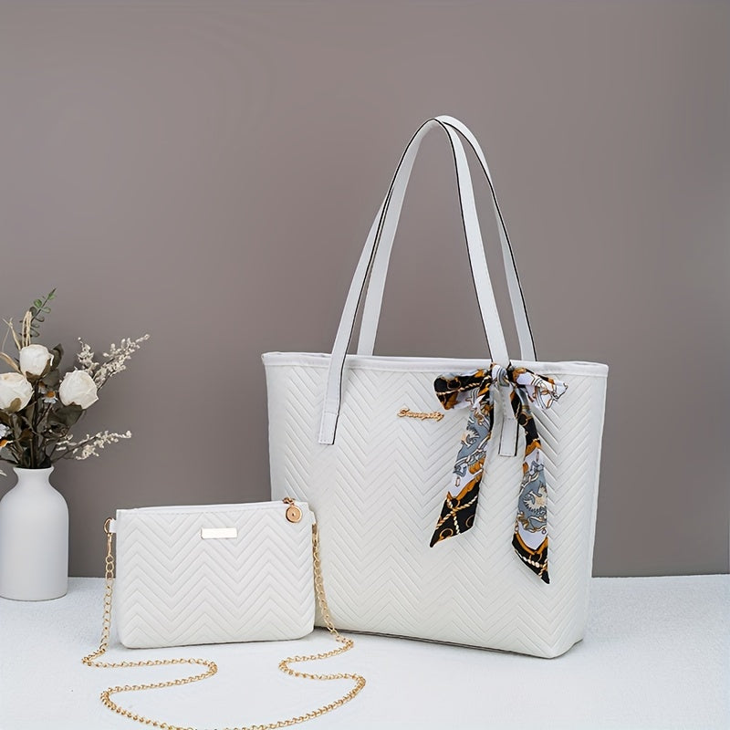 Ensemble deux pièces élégant – sac fourre-tout embossé motif vague avec compartiment tablette, sac bandoulière pour trajets quotidiens, léger, fermeture zippée, simili cuir noir/blanc, plat et portable