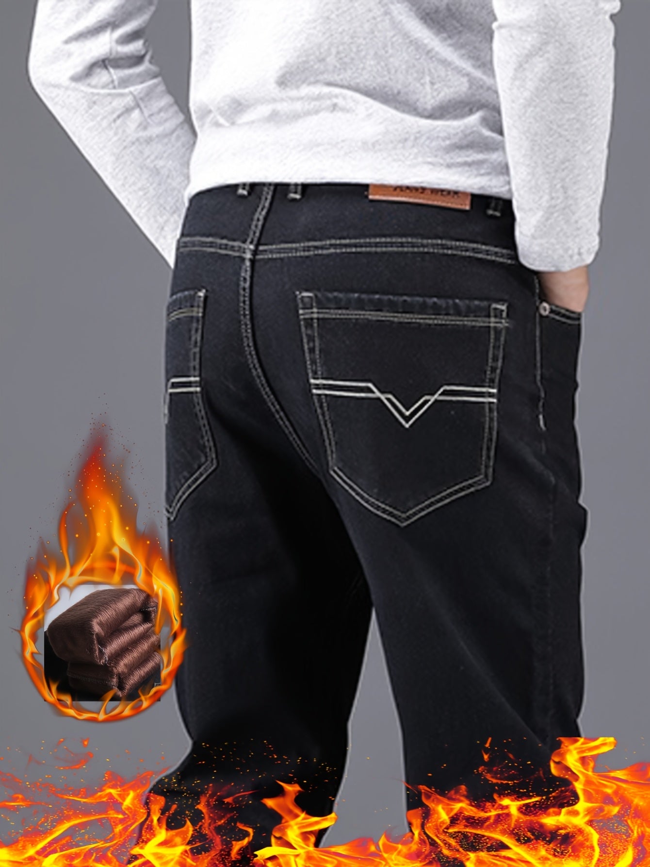 Jeans Hiver Homme – Épais, Polaire, Stretch, Jambe Droite, Noir, Casual & Business