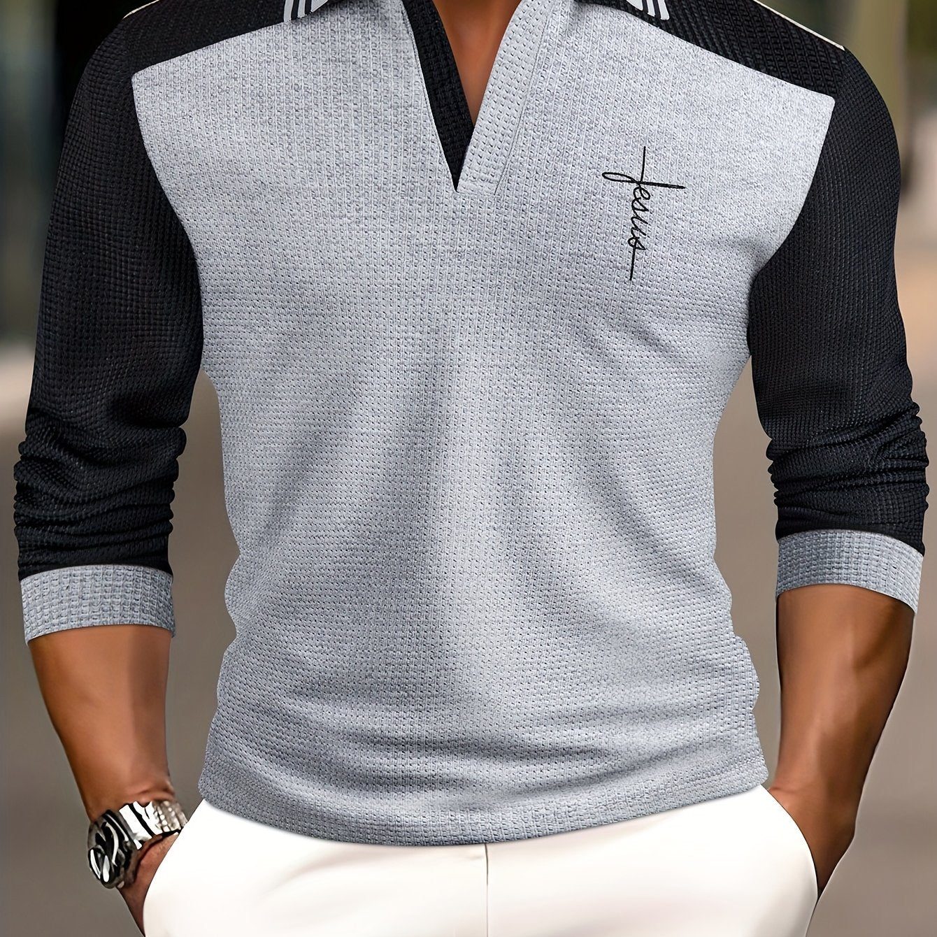 Men'S Waffle Knit V-Neck Long Sleeve Polo Shirt with Contrast Trim, Letter Print, and Chest Emblem - Casual Fall Outdoor Wear, Regular Fit, Pullover Style, Casual Wear|Vneck Shirt|Waffle Knit Texture