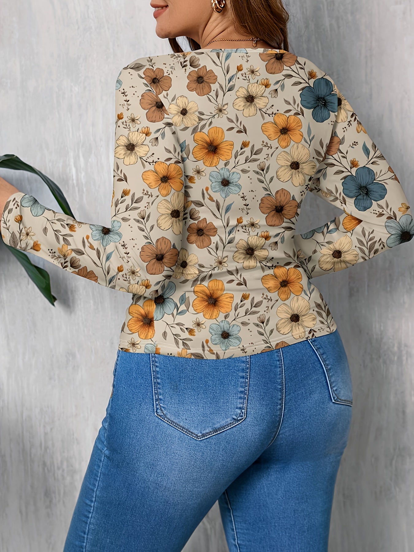 T-shirt grande taille pour femmes, col carré, imprimé floral, tissu extensible, toutes saisons, tenues décontractées ou formelles